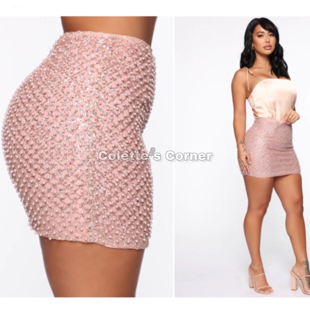 Fashion Nova Pink Mesh Faux Pearl Beaded Gold Sequence Mini Skirt